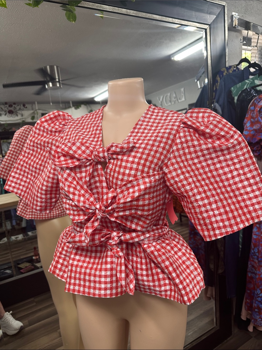 Ganni Red and White Gingham Tie-Front Puff Sleeve Top